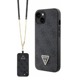 Pouzdro Guess PU 4G Strass Triangle Metal Logo + Crossbody Popruh iPhone 15 černé