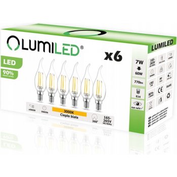 Lumiled 6x LED žárovka E14 7W = 60W 3000K Svíčka FILAMENT