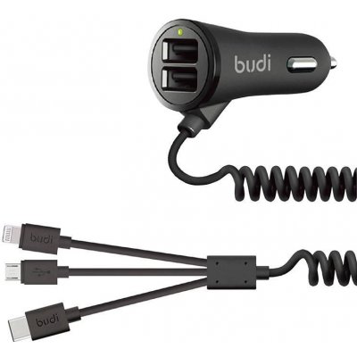 Budi Car charger 2x USB 068T3, 3.4A + kabel 3in1 USB do USB-C / Lightning / Micro USB (black) 068T3