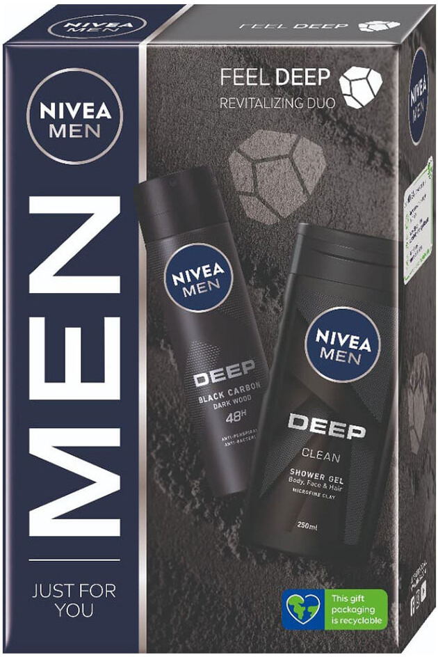 Nivea Men Black Carbon Dark Wood antiperspirant ve spreji 150 ml + Clean sprchový gel pro muže 250 ml