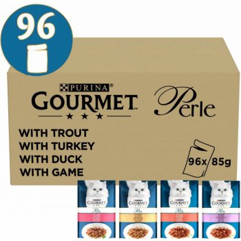 Gourmet Perle vybrané proužky mix s pstruhem krocanem kachnou a zvěřinou 96 x 85 g