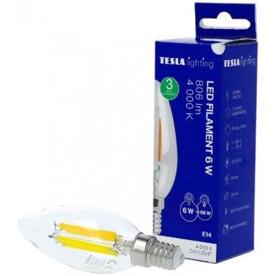 Tesla LED žárovka FILAMENT RETRO svíčka E14, 6W, 230V, 806lm, 25 000h, 4000K denní, 360st,čirá – Hledejceny.cz