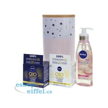 Nivea Q10 Beauty denní pleťová péče Q10 Power SPF15 50 ml + noční pleťová péče Q10 Power 50 ml + čisticí pleťový olej Nourishing Cleansing Oil Macadamia Oil 150 ml + plechová dóza dárková sada