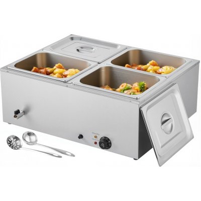 Komerční ohřívač jídla VEVOR, elektrický ohřívač jídla v parním hrnci z nerezové oceli s výkonem 1500 W a víkem, 4pánvový rychloohřívací stojan na bufet s polévkou a perforovanými naběračkami, pro cat – Zboží Dáma
