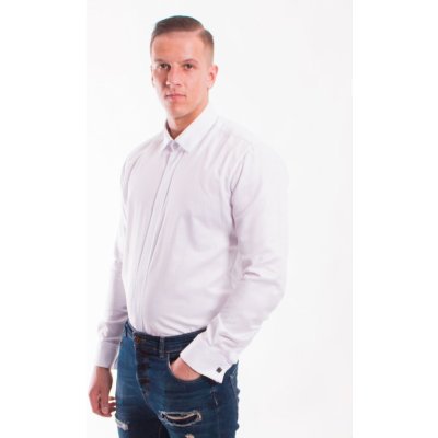 Pánská luxusní lesklá košile s manžetovými knoflíčky slim fit VS-PK-1712 bílá – Zboží Dáma