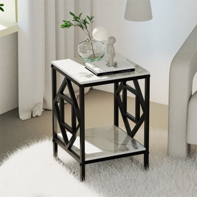 WISFOR Odkládací stolek se 2 policemi, konferenční stolek květinový stolek mramorový vzhled, stabilní snadná montáž vintage, černý rám