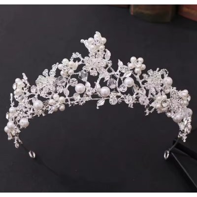 B-Top postříbřená tiára do vlasů s krystaly a perlovými květy – Zboží Mobilmania