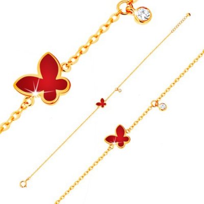 Šperky eshop ze žlutého zlata červený glazovaný motýl a čirý kulatý zirkonek GG136.20 – Zboží Mobilmania