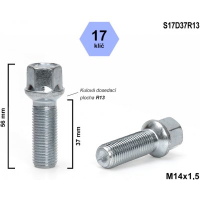 Kolový šroub M14x1,5x37 koule R13, klíč 17, S17D37R13, výška 56 – Zbozi.Blesk.cz