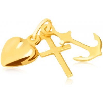 Šperky eshop Trojpřívěsek ve žlutém 14K zlatě kotva srdce a kříž lesklé a hladké GG05.24