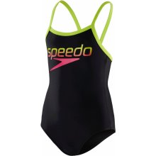 Speedo Girl's Boom Logo Thinstrap Muscleback Swimsuit - Black/ Lime/ Pink