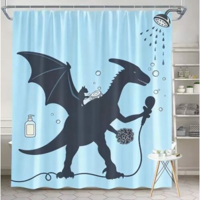 Sprchový závěs se zavěšením grommet top + háčky - Světle modrý s dinosaurem, 150 x 180 cm – Hledejceny.cz
