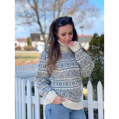 Wooline Vlněný rolák s norským vzorem SARAH šedobílá – Zboží Dáma Wooline Vlněný rolák s norským vzorem SARAH šedobílá – Zboží Dáma