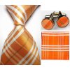 Kravata Oranžovo bílý Set kravata kapesník a manžetové knoflíčky Lines