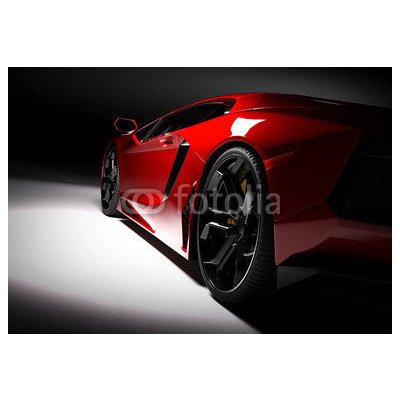 WEBLUX 115248334 Fototapeta papír Red fast sports car in spotlight Červené rychlé sportovní auto v reflektoru černé pozadí. Lesklý nový luxusní. rozměry 184 x 128 cm – Zboží Mobilmania