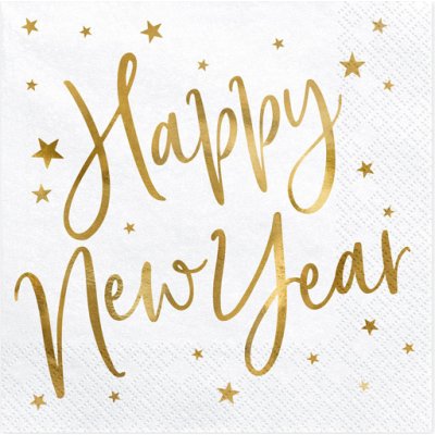 PARTYDECO Ubrousky Happy New Year bílo-zlaté 33x33cm – Sleviste.cz