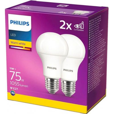 Philips 2PAK LED žárovka LED E27 A60 11W = 75W 1055lm 2700K Teplá bílá 200° – Hledejceny.cz
