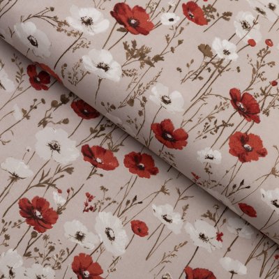 Bavlněná látka/plátno Sandra SA-631 Červeno-bílé vlčí máky na šedobéžovém - šířka 160 cm – Sleviste.cz