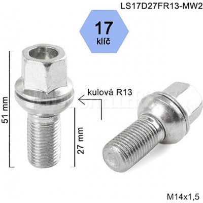 Kolový šroub M14x1,5x27 koule R13 pohyblivá, klíč 17, LS17D27FR13-MW2; original AUDI, VW, výška 51