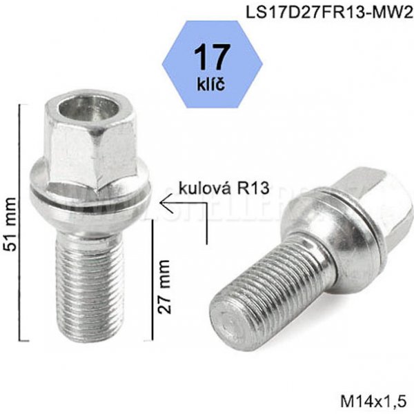 Kolové šrouby a matice Kolový šroub M14x1,5x27 koule R13 pohyblivá, klíč 17, LS17D27FR13-MW2; original AUDI, VW, výška 51