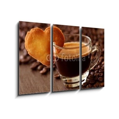 Obraz 3D třídílný - 105 x 70 cm - Espresso coffee with cake on brown background Espresso káva s koláčem na hnědém pozadí – Zboží Mobilmania