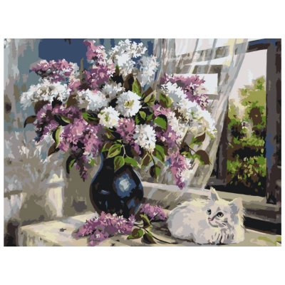 MALUJEŠ Malování podle čísel BÍLÉ KOTĚ A ŠEŘÍK VE VÁZE Rozměr 40 x 50 cm Rámování vypnuté plátno na rám – Zboží Dáma