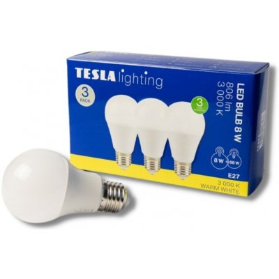 Tesla LED žárovka BULB E27, 8W, 230V, 806lm, 25 000h, 3000K teplá bílá, 220st v 3ks – Zboží Živě