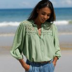 Kreponová halenka s macramé a 7/8 rukávy khaki – Zboží Mobilmania