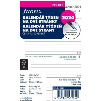 Filofax Náplň do diáře 2024 - kapesní, týden/2 str, linky, ČJ+SJ