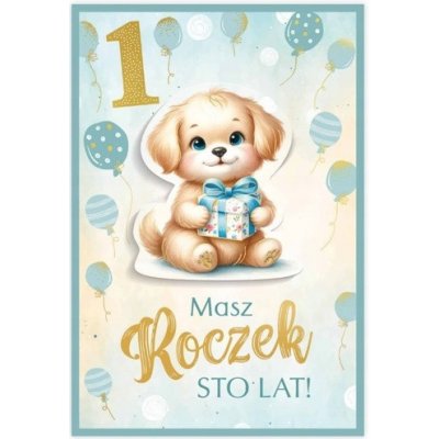 PŘÁNÍ K 1. ROCZNÍMU JUBILEU - PEJSEK S DÁRKEM - VŠE NEJLEPŠÍ K NAROZENINÁM – Zboží Dáma