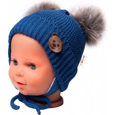 Baby Nellys BABY NELLYS Zimní čepice s fleecem Teddy Bear chlupáčk. bambulky tm. modrá šedá – Hledejceny.cz