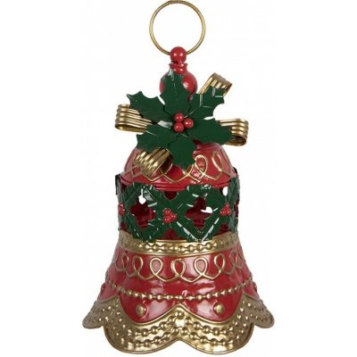 Kouzelný červeno-zelený kovový vánoční zvonek s cesmínou - Ø 21*29 cm - Clayre & Eef – Hledejceny.cz