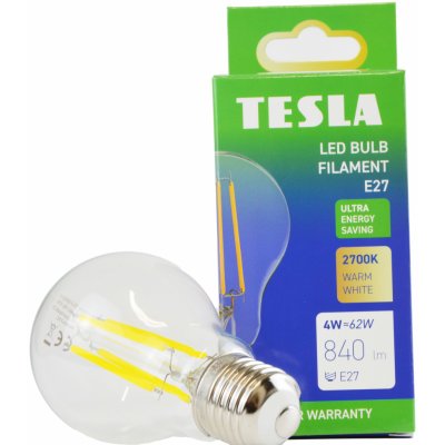 Tesla LED žárovka FILAMENT A class, E27, 4W, 840lm, 2700K teplá bílá, 360st, čirá, 230V, 25 000h – Hledejceny.cz