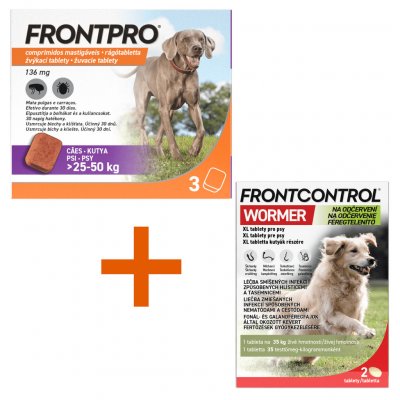 Frontpro 25-50 kg 136 mg 3 žvýkací tablety a Frontcontrol Wormer pro psy 35 kg 2 tablety – Hledejceny.cz