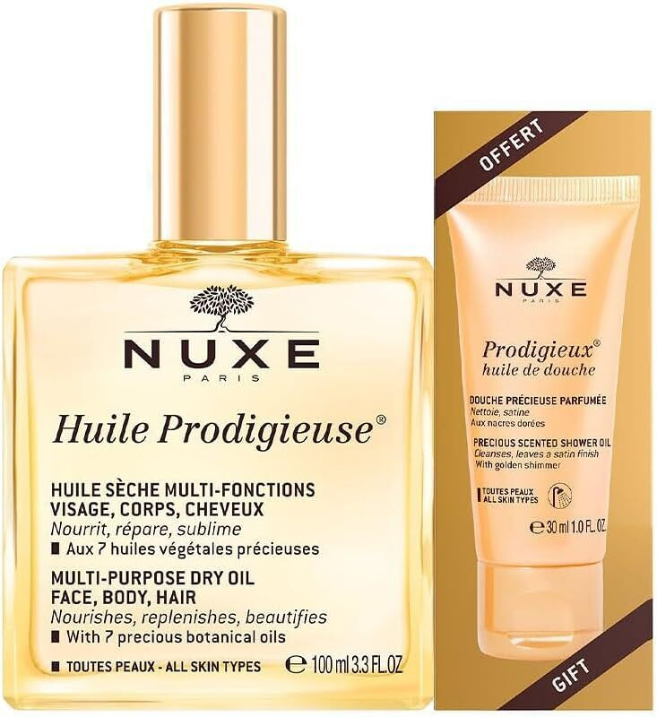 NUXE Prodigieuse Dry Oil NUXE Multifunkční suchý olej Huile Prodigieuse 100 ml a NUXE Sprchový olej Prodigieux 30 ml.