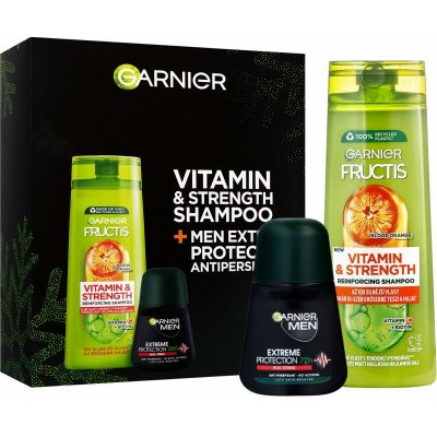 Garnier Merry Christmas Garnier Fructis Vitamin & Strength posilující šampon pro poškozené vlasy 400 ml + antiperspirant roll-on 72h 50 ml – Zboží Dáma