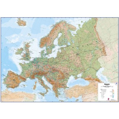 Evropa fyzická - nástěnná mapa 136 x 100 cm ve stříbrném hliníkovém rámu – Zboží Mobilmania