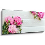 Obraz 1D panorama - 120 x 50 cm - Pink peony flowers on white wooden table. womans day or wedding background. Top view. Květy růžové pivoňky na bílém dřevěném stole. Zen – Hledejceny.cz