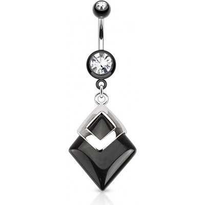 Šperky eshop Visací ocelový piercing do pupíku černý achát ve tvaru kosočtverce kulatý zirkon SP16.12 – Zboží Mobilmania