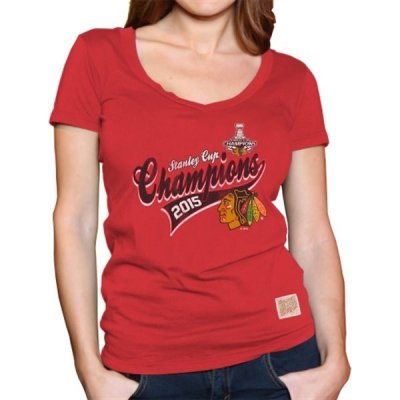 Original Retro Brand Dámské tričko Chicago Blackhawks 2015 Stanley Cup Champions Slim Fit Deep V-Neck – Zboží Mobilmania