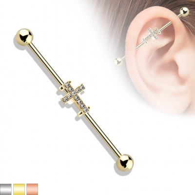 Šperky eshop piercing do ucha z chirurgické oceli činka ukončená kuličkami ozdobená křížkem s krystalky Q11.5 Zlatá