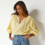 Jednobarevná halenka s macramé a ažurovou výšivkou žlutá – Zbozi.Blesk.cz