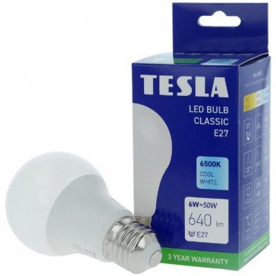 Tesla LED žárovka BULB, E27, 6W, 230V, 640lm, 25 000h, 6500K studená bílá, 220st – Zboží Mobilmania