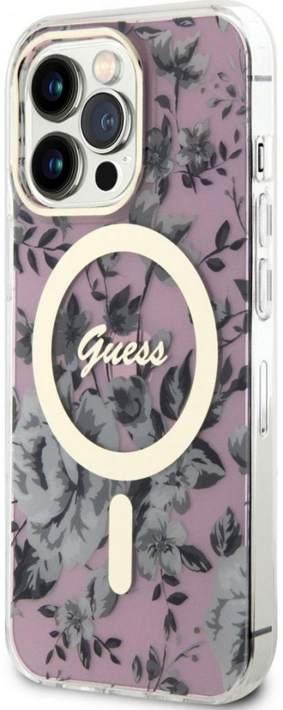 Pouzdro Guess PC/TPU Flowers IML MagSafe iPhone 13 Pro růžové