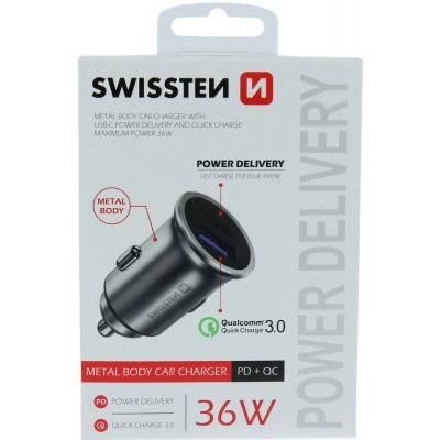 Autonabíječka / adaptér SWISSTEN - USB-A + USB-C - 36W - kovová - stříbrná; 20111740 – Zbozi.Blesk.cz