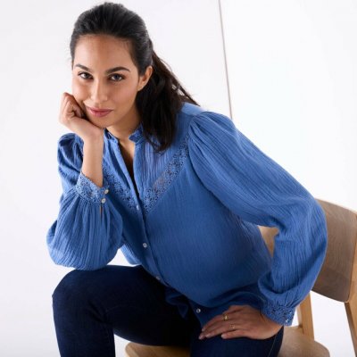 Košilová halenka s macramé indigo – Zboží Dáma