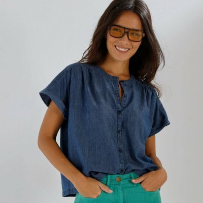 Džínová halenka na knolfíčky s krátkými rukávy modrá – Zbozi.Blesk.cz