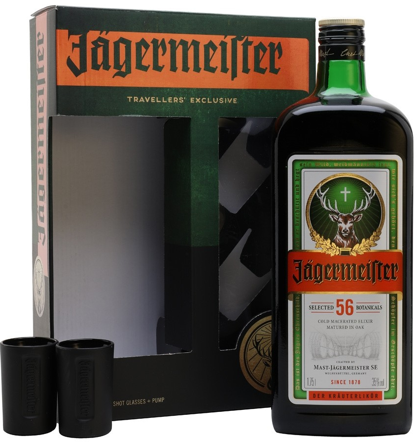 Jägermeister Party 35% 1,75 l (dárkové balení pumpička + 2 sklenice)