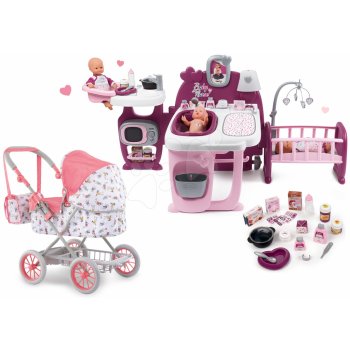 Smoby Set domček pre bábiku Violette Baby Nurse Large Doll's Play Center Smoby a hlboký kočík Mon Grand skladací pre 36-52 cm bábiku SM220349-28