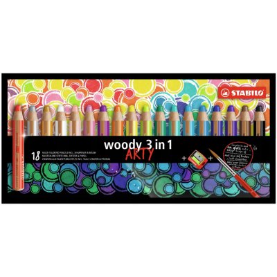 Stabilo Pastelky STABILO woody 3 v 1 ARTY- barvička vodovka voskovka- 18 ks + ořezávátko+štětec 451918 – Zboží Mobilmania